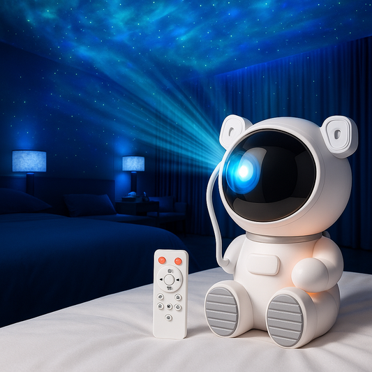 Proyector de Galaxia Astronauta proyectando estrellas en un dormitorio